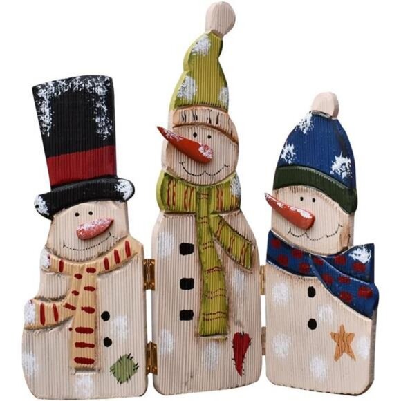 Christmas Table Decoration Wooden Snowman Sign Merry Xmas Triple Folding Screen - Picture 1 of 7